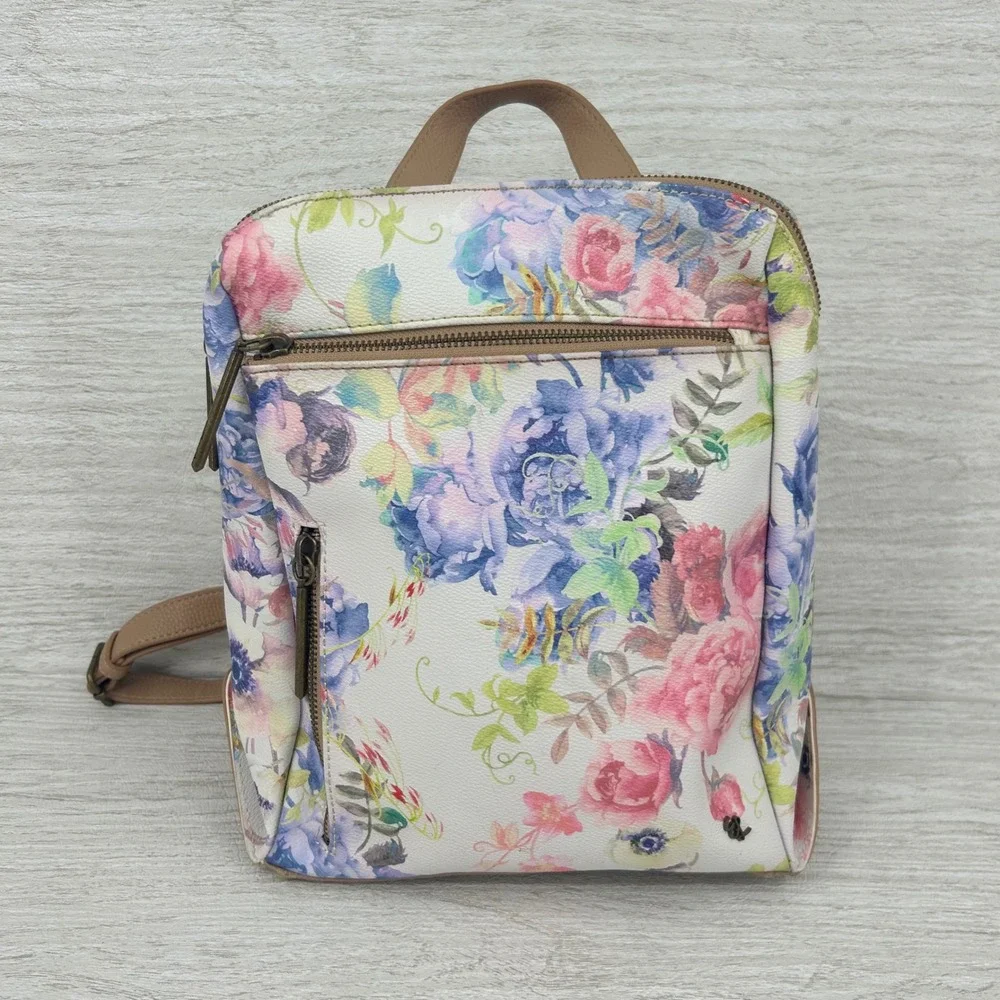 Elliott Lucca Floral Print Backpack White Pink Purple Faux Leather Mini Bag